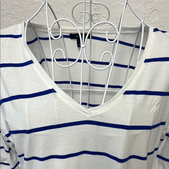 Nautica White and Blue Striped Boxy Long Sleeve 3/4 Length Top Tee - Picture 6 of 10
